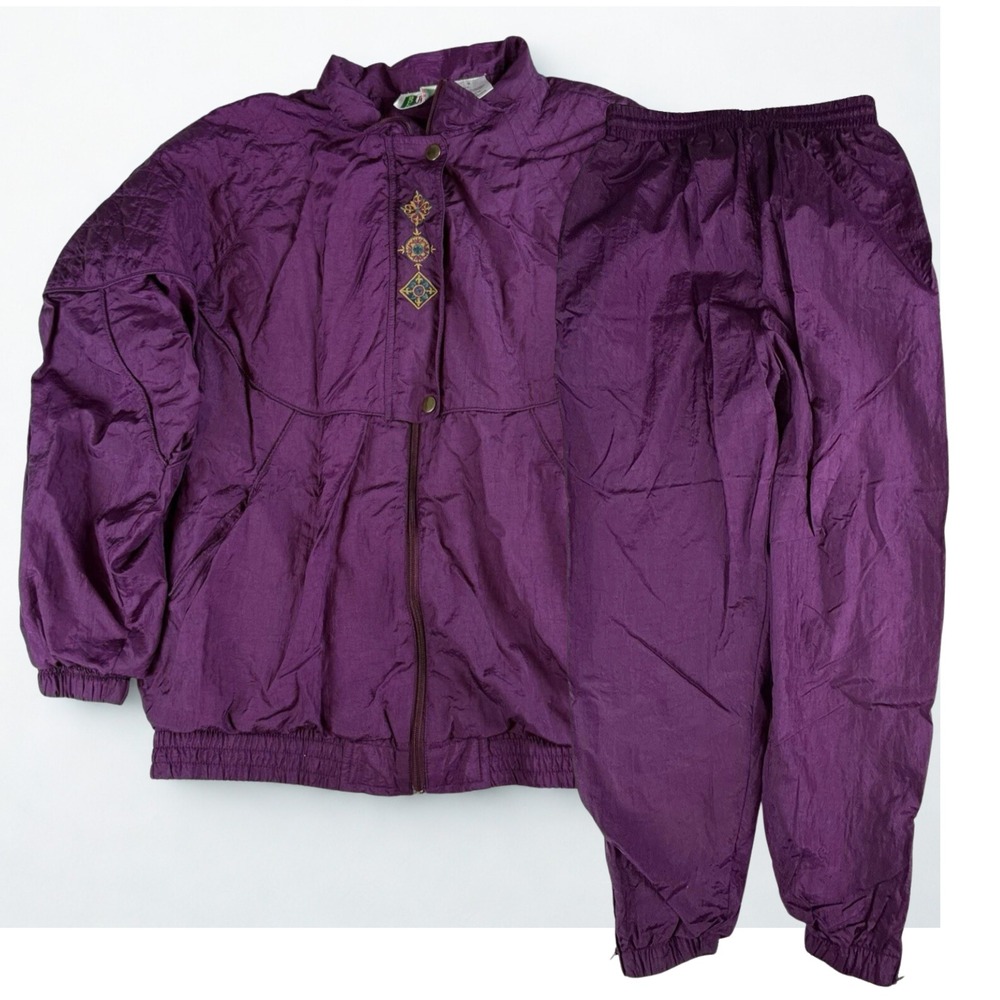 Vtg 90s Nylon Windbreaker Track Suit Set Womens‎ M Purple Bold Spirit Retro Chic